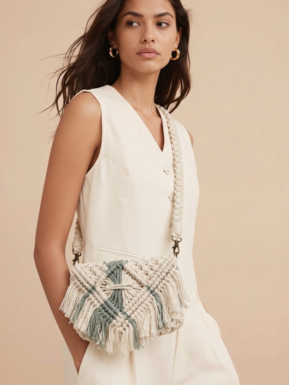 Hand Crafted Macrame Fringe Resortwear Beach BoHo Crossbody Bag Purse